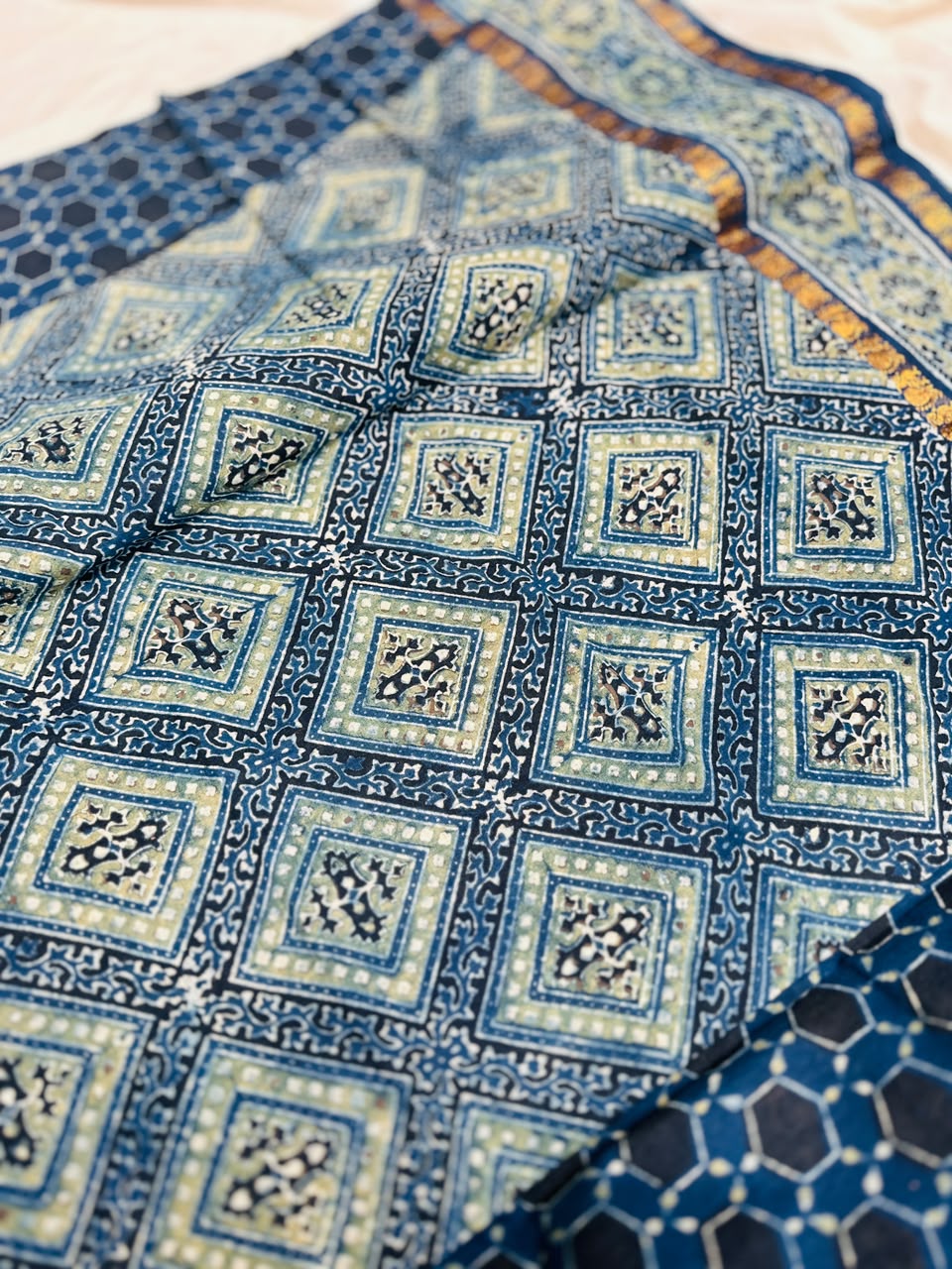 Sungudi Ajrakh Print Saree (Code - CS 62)